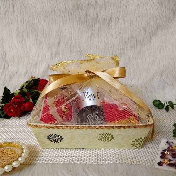 "Rakhi Basket For Brother" -Silver coffee mug(customization available),Black coaster,Rakhi,Ferraro rocher,Fragrance bar For Festive gift