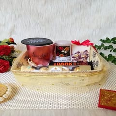 "Rakhi Basket For Sister"-Rose gold coffee mug(customization available),black coaster,Dark chocolate,Ferraro rocher,Fragrance bar,Carnival mix dry fruits For Festive gift