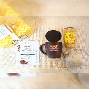 "Hello MoM Hamper Box"-One coffee husk coffee mug along with Eco friendly Coaster,Dr. Rashel Coffee Sheet mask,Cookies,chocolates For Festive gift