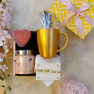 Coz you're my Queen! Gift Box - Women's Day Gift-Gold Coffee Mug,1 Fabeya Body Scrub & Polish,4 Organic Infuser Tea Sticks,A Rose Scented Heart Soap,A Pure Cotton Napkin,A Designer Bracelet,1 Personalized Card For Festive gift