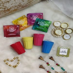 "Colorful Cutting Chai Set" Diwali Hamper-4 Colorful Solid Cutting Chai cups,4 Tea Culture Sachets,1 Diyas,1 Card For Festive gift