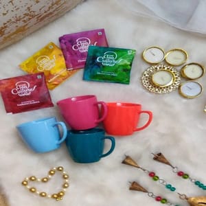 "Colorful Tea Set" Diwali Hamper--4 Colorful Solid Cutting Chai cups,4 Tea Culture Sachets,1 Diyas,1 Card For Festive gift