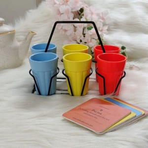 Unbreakable Cutting Chai Cups with Stand - Set of 6 - Morning Hues (150ML each)