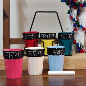 Unbreakable Cutting Chai Cups with Stand - Set of 6 - Chalkboard Multicolor (150ML each)