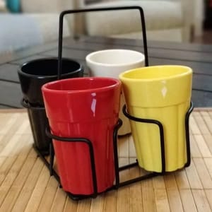 Unbreakable Cutting Chai Cups with Stand - Set of 4 - Solid Multicolor (150ML each)