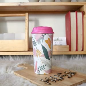 Designer Cups by Chirpy Cups with coffee & sipper lids -Floral Pink set of 1 (475ML)