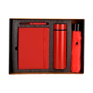 Destinio 4 in 1 Red Combo Gift Set contains a temperature bottle, pen, umbrella, and diary perfect corporate gift sets for your prestigious clients, prospects & employees