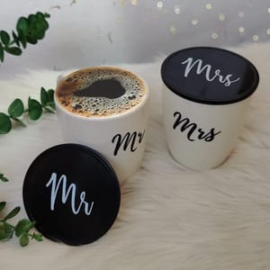 Unbreakable Couple Mugs(300ML) with coasters - Set of 2 - Mr & Mrs - White and black