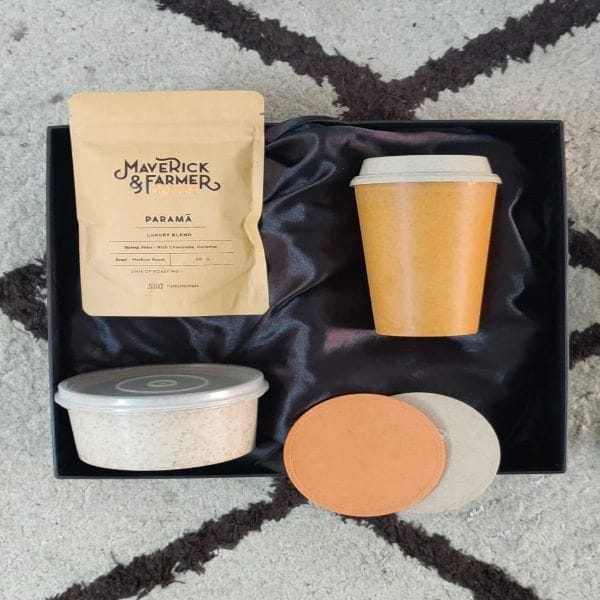 Live the Good Life" Sustainable hamper Box 16 - Rice husk (1- 360ml Orange husk Sipper,300ml Rice husk Box- 1 Luxury Blend Coffee Pack- 2  Coasters- 1 Customised Greeting Card)