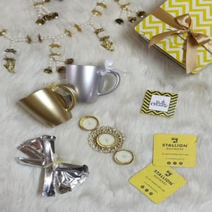 Metallic Love" Diwali "hamper Box 3 (2 Coffee Mugs,1 Diyas,4 Tea sachets / 1 Coffee pack,2 Coasters,Customised Greeting card)