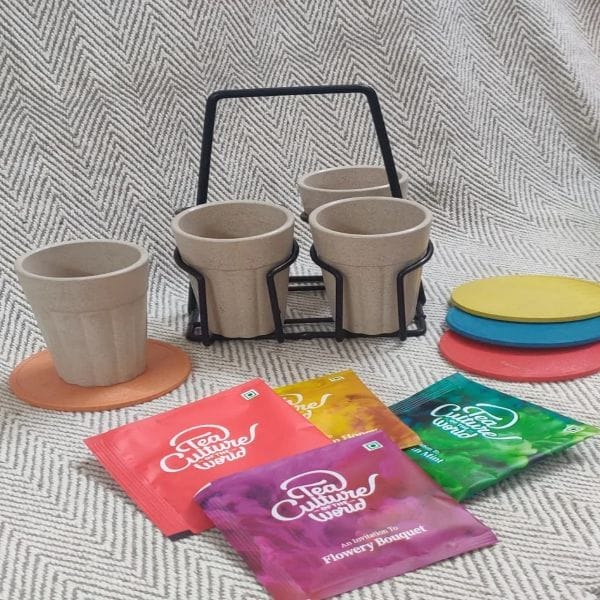 "Live the Good Life" Sustainable hamper Box 15(4 cups with Caddy,4 Tea Sachets,4 Coasters,1 Customised Greeting Card)