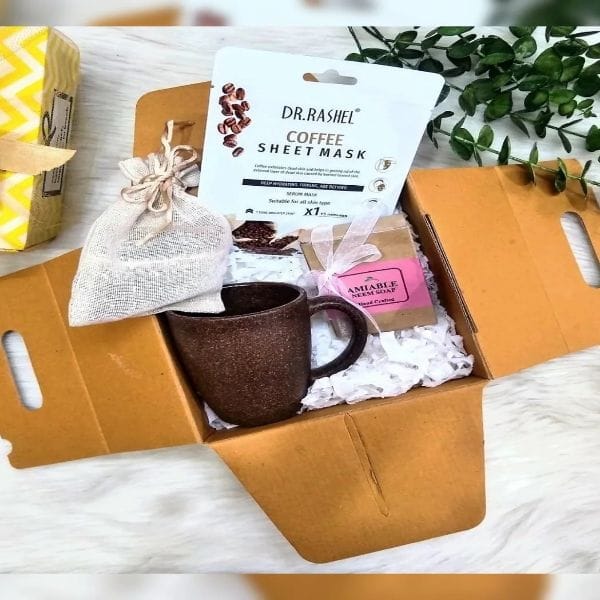 "Coffee'o Clock Eco gift"(1 coffee mug,1 Neem soap,Coffee sheet mask,chocolates,A wishes card. )