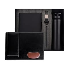 Blossom Black 5 in 1 Combo Gift Set includes a Sipper bottle, Mousepad, a Leather diary, a Pen, and a leather strap metal keychain Perfect for corporate gift