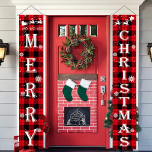 Christmas Decorations Outdoor Yard Front Porch Sign Set, Red Black Buffalo Plaid Door Banner, Hanging Merry Christmas Decorations for Home Indoor Outdoor Xmas Decor Wall Front Door Yard  By cThemeHouseParty