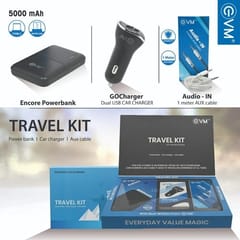 Travel kit consists of small yet powerful 5000 mAh Powerbank, a car charger with 2 USB port and 1 meter AUX Cable