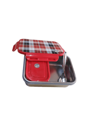 Tacos Steel Lock-800 Red Check Design Big Lunch Box For Office Use Steel Inner Leakproof Plastic Grip 800 ml