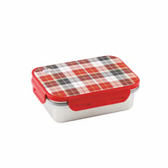 Tacos Steel Lock-800 Red Check Design Big Lunch Box For Office Use Steel Inner Leakproof Plastic Grip 800 ml