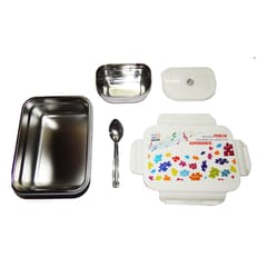 Tacos Steel Lock-800 Multicolour Printed Big Lunch Box For Office Use Steel Inner Leakproof Plastic Grip 800 ml