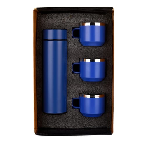 Honor Matte Blue Smart LED Active Temperature Display Indicator Insulated Stainless Steel Hot & Cold Flask Bottle With 3 Steel Cups Combo set of 1 Pc for Corporate Gift