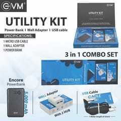 Utility kit includes 1 power bank,1 wall adapter,1 Micro USB cable perfect combination of EVM's 3 in 1 for your mobile phones is here to help you travel hassle free