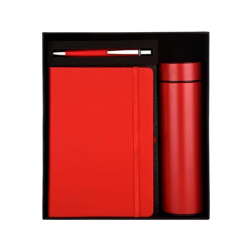 Classique 3 in 1 Red Gift Set (Plastic Pen)  Notebook & Temperature Bottle perfect corporate gift for all your employees, clients and prospects