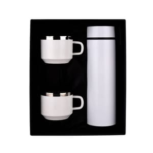 Trillion (Satin) White Smart LED Active Temperature Display Indicator Insulated Stainless Steel Hot & Cold Flask Bottle With 2 Steel Cups Combo set of 1 Pc for Corporate Gift