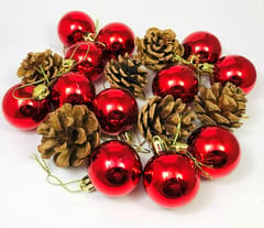 10 Red Small Balls and 6 Wooden Pine Fruit Christmas X-Mass Tree Decoration Balls Hangings Ornaments Christmas Hanging Tree Balls  By cThemeHouseParty