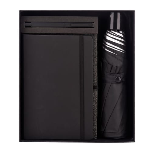 Ripple 3 in 1 Black Combo Gift Set includes an Umberlla, a Leather diary, and a Pen for Perfect rich style statement in corporate gifting