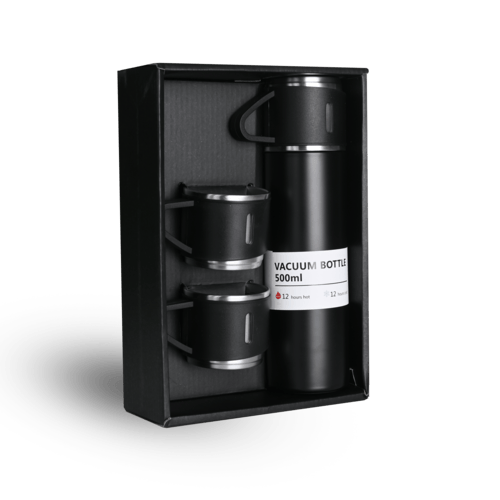 Stainless Steel Black Vacuum Flask for Coffee Hot Drink and Cold Water Flask Bottle with 3 Cups Combo set of 1 Pc for Corporate Gift