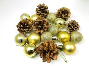 12 Golden Small Balls and 6 Wooden Pine Fruit Christmas X-Mass Tree Decoration Balls Hangings Ornaments Christmas Hanging Tree Balls  By cThemeHouseParty