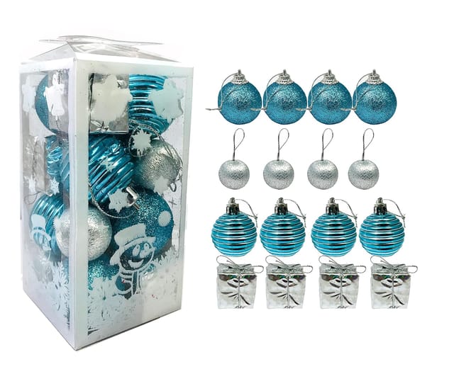 Small Size 16 Pcs Blue or Golden Assorted Silver Colour Balls and Ornaments Combo for Christmas Tree Hanging Decoration  By cThemeHouseParty