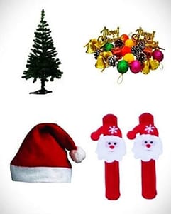 Combo of 1 Feet Artificial Christmas Tree (Table Top) with 10 Pcs Decoration Items, 2 Pcs Santa Hand Band, 1 Christmas Cap  By cThemeHouseParty