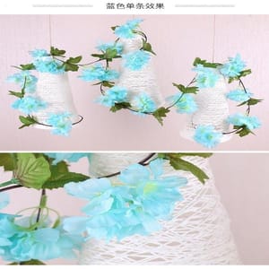 cThemeHouseParty Artificial Cherry Blossom Rattan Flowers(Sky Blue) Wall Hanging Decorative Vine String Lines Items for Diwali Decoration, Backdrop for Pooja Room, Home Decor (230 cm)