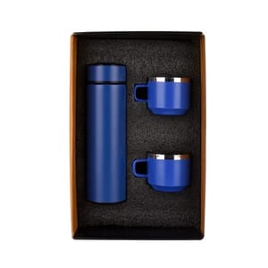 Wizard Matte Blue Smart LED Active Temperature Display Indicator Insulated Stainless Steel Hot & Cold Flask Bottle With 2 Steel Cups Combo set of 1 Pc for Corporate Gift
