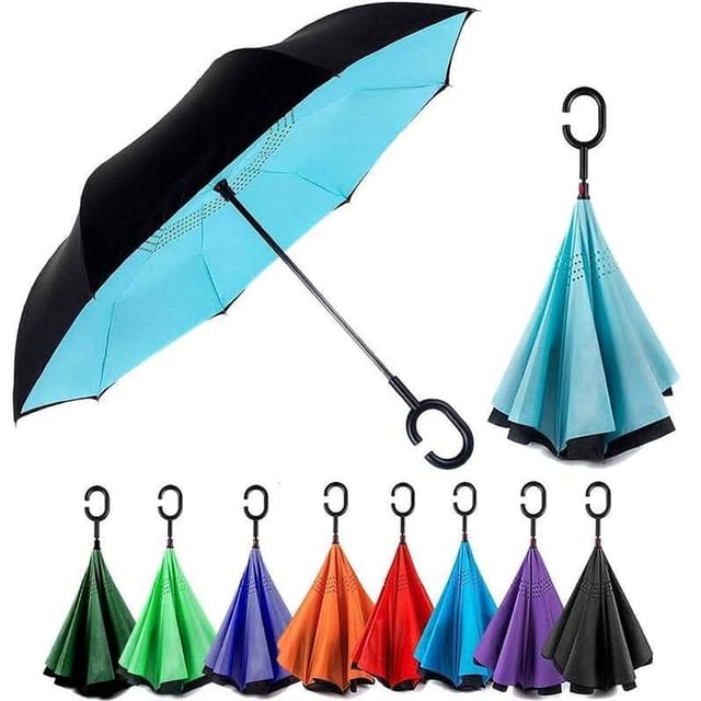 Reversible Umbrella Double Layer Windproof Reverse Folding Self-Standing C-Shape Inside Out Outdoor Rain Away Car Umbrella ,Handsfree For Adults ?Reversible Umbrella Multicolour With UV protection