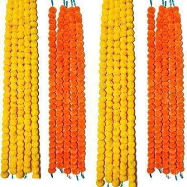 Genda Phool Yellow Orange Artificial Marigold Fluffy Flower/Genda Phool Garlands String for Diwali, Navratri,Durga Pooja Festival Office Decoration (60 inch, Pack of 10)