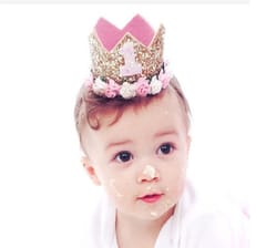 1st Birthday Cap For Princess Baby Girl , Baby Boy (Colour Blue And Pink  May Vary) ,Crown With Flower Hat For 1 st Birthday Party , Party Accessories , Party Wear , Blue Colour