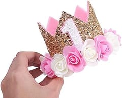 1st Birthday Cap For Princess Baby Girl , Baby Boy (Colour Blue And Pink  May Vary) ,Crown With Flower Hat For 1 st Birthday Party , Party Accessories , Party Wear , Blue Colour