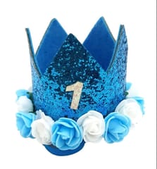 1st Birthday Cap For Princess Baby Girl , Baby Boy (Colour Blue And Pink  May Vary) ,Crown With Flower Hat For 1 st Birthday Party , Party Accessories , Party Wear , Blue Colour