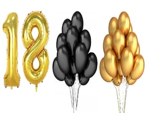 Foil Balloon Golden 18 Number With  Metalic Black And Golden 100 Balloons ( Each Colour 50 Qty) Combo Pack Of Foil Balloon With Metalic Balloon For Decoration .