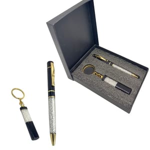 Shiny Black & Silver Gift Set includes Pen & keychain for Perfect rich style statement in corporate gifting