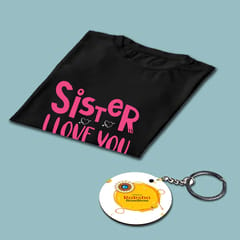 Sister Bond Rakhi Hamper  Includes Rudraksha Rakhi,T-Shirt,Women Leather Wallet,Tote Bag,Keychain,Chocolate Pouch & Best wishes Card a personal touch to the gift hamper