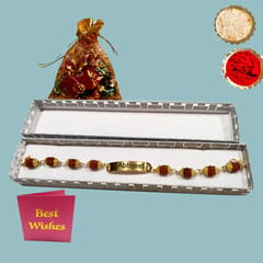Sister Rakhi Hamper  Includes Rudraksha Rakhi,Best Sister Tea Mug,Temperature Bottle,Keychain,Chocolate Pouch & Best wishes Card a personal touch to the gift hamper