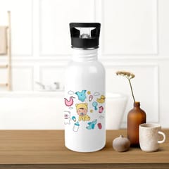 Baby Shower 2 Single Walled Steel White Bottle with Sipper Lid 600ml - Can be Customized As Per Requirement