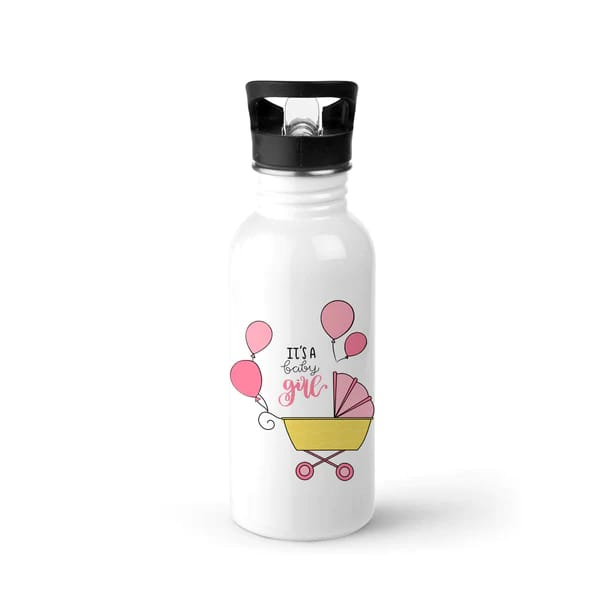 It's a Girl Single Walled Steel White Bottle with Sipper Lid 600ml - Can be Customized As Per Requirement