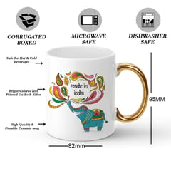 Made In India White Mug Golden Handle 330ml(11oz)Qty 1 Pc of Using white hard ceramic - Can be Customized As Per Requirement