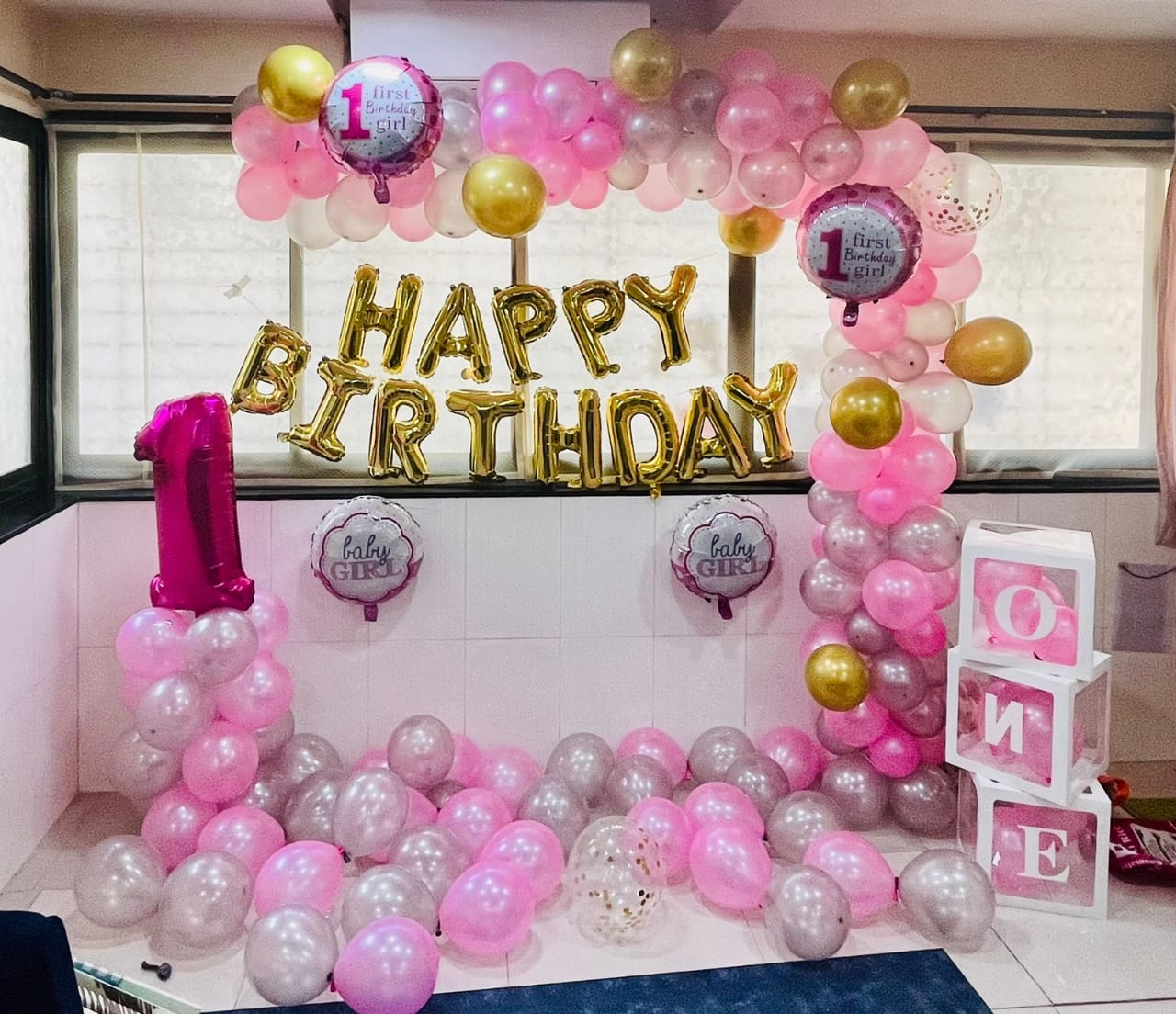 Pink & Gold First Birthday Balloon Decoration