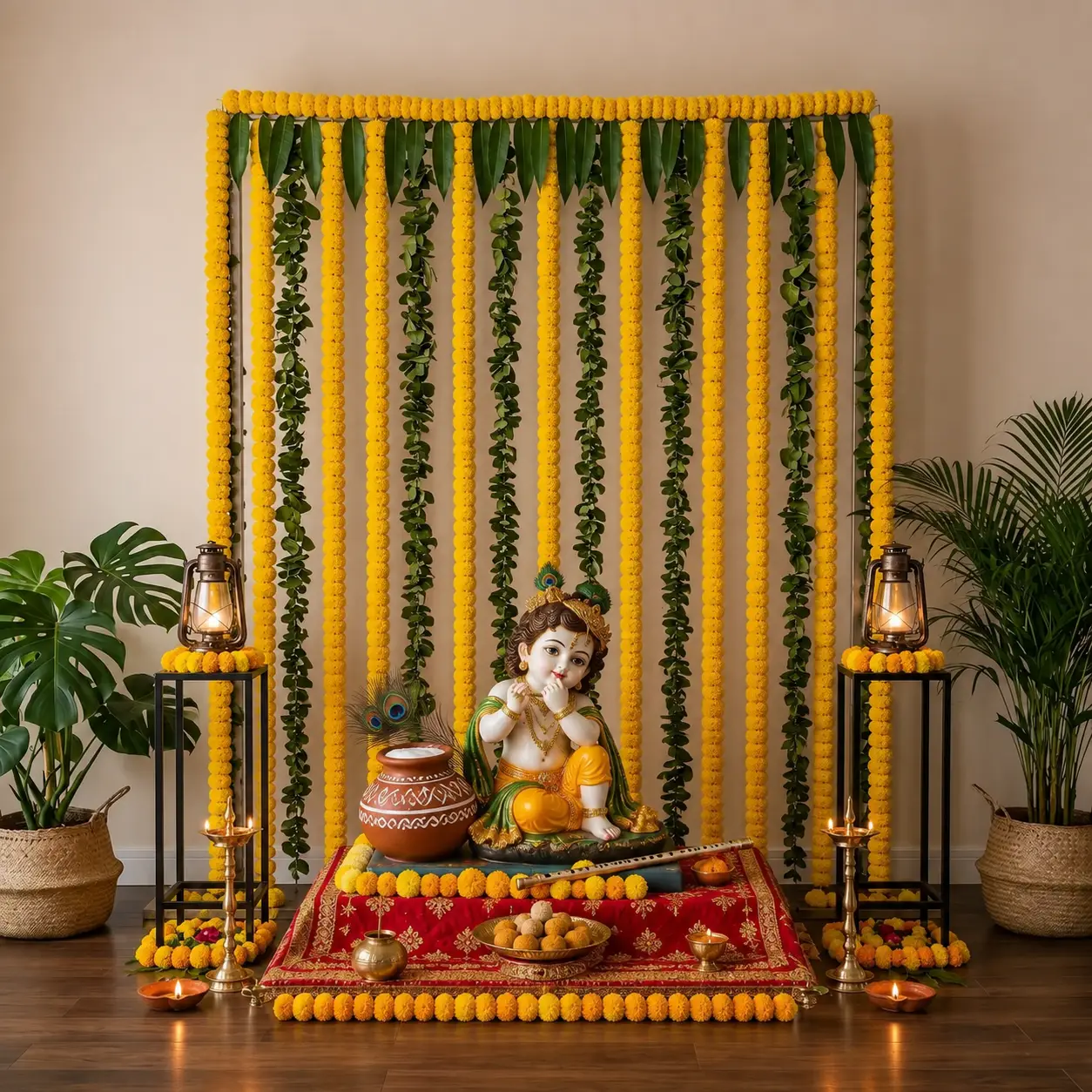 Traditional Yellow Marigold & Greenery Krishna Decoration