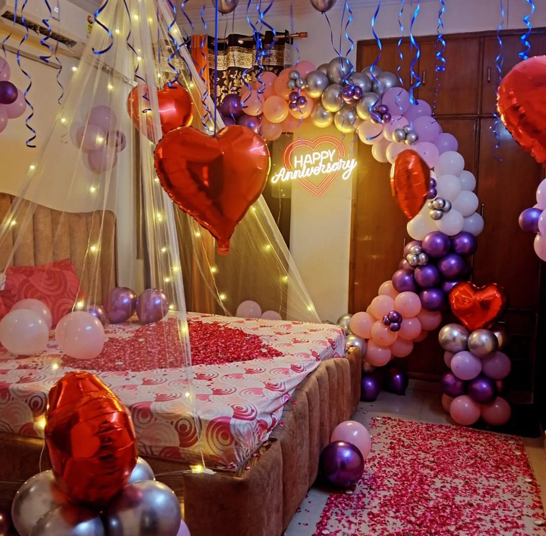 Premium anniversary room decoration canopy with LED lights image 1
