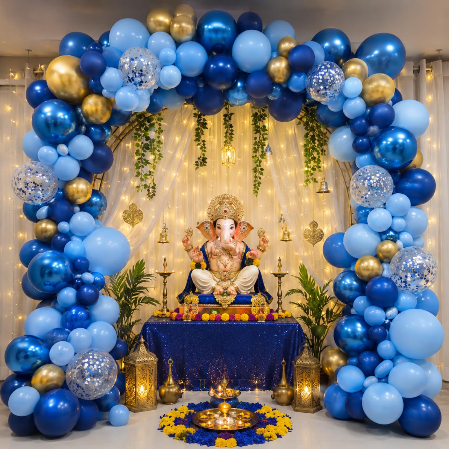 Premium Blue & Gold Balloon Ganpati Setup